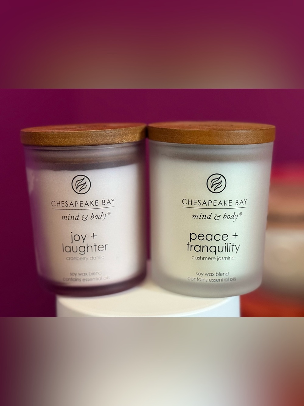 Chesapeake Bay Mind & Body Candles - White with Brown Wooden Lids 3.7 oz